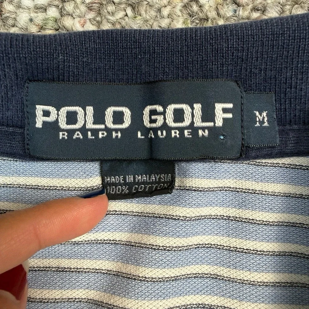 Vintage Ralph Lauren Polo Shirt Mens Medium Striped Golf Rugby Preppy Blue